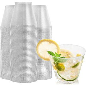 FOCUSLINE 100 Pack Silver Glitter Plastic Cups 9 oz Clear Plastic Cups Tumblers, Fancy Disposable Hard Plastic Cups with Silver Glitter for Wedding Cups Elegant Party Cups