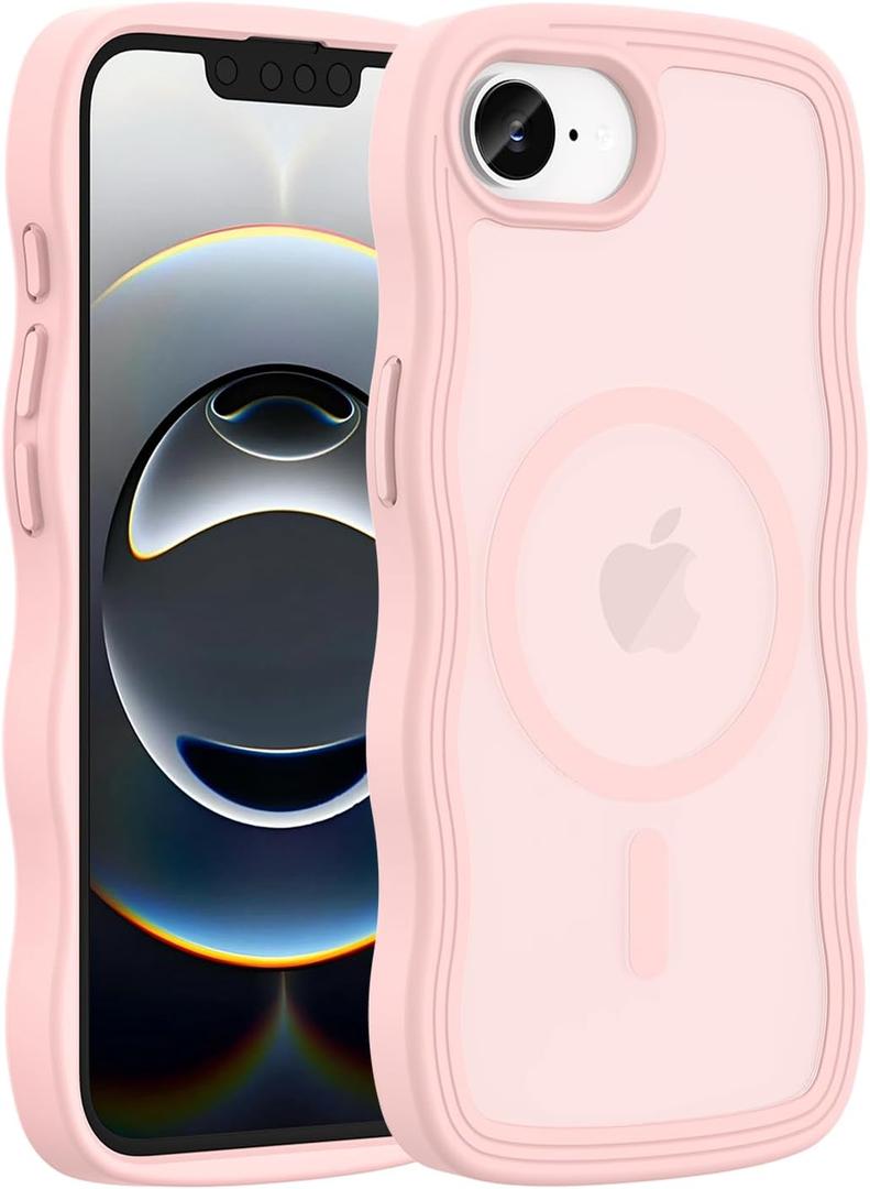 Hualele for iPhone 16e Case Cute for Women, Compatible with MagSafe, Military Grade Dropproof Translucent Matte Back Curly Wave Edge Slim Girly Phone Case 16e Case, Light Pink