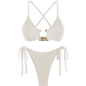 ZAFUL Women's Sexy Cutout Bikini Set High Cut Textured Metal Ring Cheeky Swimsuit Two Piece Bathing Suit (L)