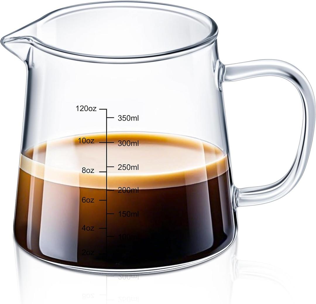 Honeydak 1 Pack 12oz Coffee Measuring Glass Cups Espresso Pitcher Heat Resistant Glass Coffee Measuring Cup Milk Frothing Pitcher Espresso Shot Glasses, Creamer Container, Microwave Dishwasher Safe