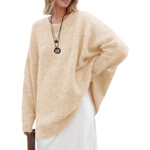 Saodimallsu Womens Oversized Tunic Sweaters Long Sleeve Crew Neck Chunky Knit Slouchy Casual Pullover Sweater Tops (Large, Apricot)