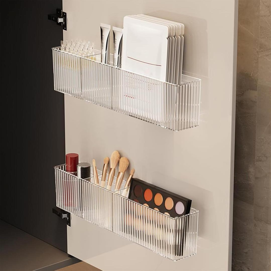 2 Pack Bathroom Makeup Organizer Wall Mount Clear Bathroom Organizers and Storage with 3 Compartments Plastic Storage Organizer Bins Floating Shelves for Wall, Narrow Space, Office, Bedroom 14''Length