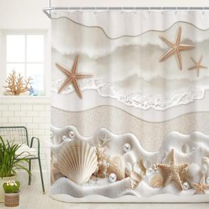 Cinbloo Starfish Beach Coastal 72Wx72H Shower Curtain Beige White Ocean Seashells Conch Pearl Coral Seacoast Sand Sea Waves Bathroom Curtain Set Summer Scenry Modern Bath Bathroom Accessories Decor