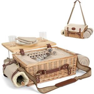 Mutifunctional Wicker Picnic Basket Set for 2 with Blanket and Picnic Table, Insulated Picnic Set with Full Tablewares for Camping Outdoor Couples,Natural