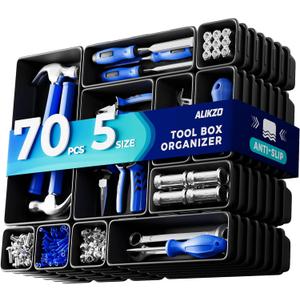 70 PCS Tool Box Organizer Tray & Desk Drawer Organizer Set, 5 Size Interlocking Bins for Garage Tool Storage, Mechanic Tool Chest, Rolling Cart, Workbench Drawers with EVA Non Slip Pads