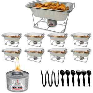 9 Pack - Disposable Chafing Dish Buffet Set (57 PCS)  Catering Food Warmers with 9 x Half Size Aluminum Pans, Foil Lids, Foldable Racks, Utensils & Fuel Cans - Perfect for Parties, Weddings & Events