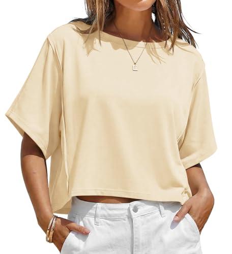 Fisoew Womens Oversized Crop Tops Summer Short Sleeve Crewneck T Shirts Casual Loose Basic Tee Workout Shirts Beige, Size M