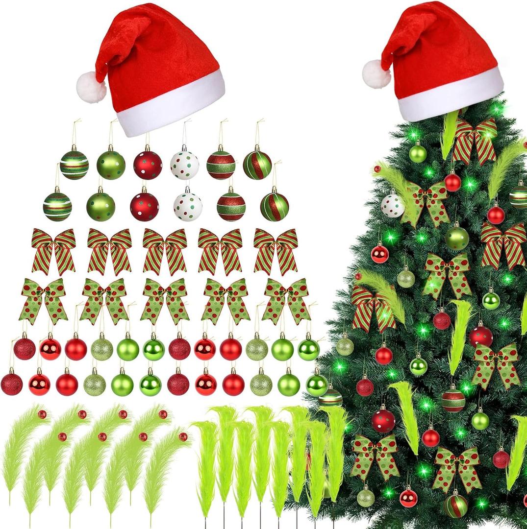 70 Pcs Christmas Tree Ornaments Set Include Christmas Hat Red Lime Green Peppermint Candy Ball Ornaments Xmas Bow Tree Topper Faux Fur Picks Led Lights for Xmas Holiday Decor
