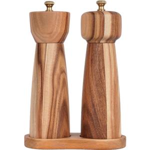 Salt and Pepper Mill Set with Tray, Adjustable Ceramic Grinder Salt Mill, Stainless Steel Grinder Pepper Mill, Acacia Wood, 20.5 cm/ 8 Inch Height, Bottom Dia 6 cm /2.36 inch
