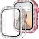 2 Pack Bling Case with HD Screen Protector Compatible with Apple Watch Series 1 2 3 38mm, Women Glitter Diamond Rhinestone Bumper Face Cover for iWatch Accessories 38mm Clear/Pink