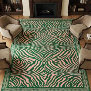 6X9 Area Rug for Living Room,Modern Abstract Pink and Green Zebra Print Rug,Non-Slip Washable,Bedroom, Dining Room, Home Office