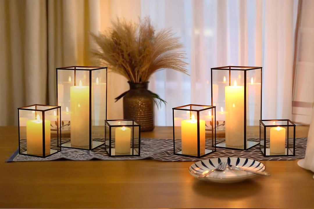 Phosphor 6 PCS Glass Hurricane Candle Holder, Black Glass Candle Holder for Wedding Party Christmas Or Home Decor