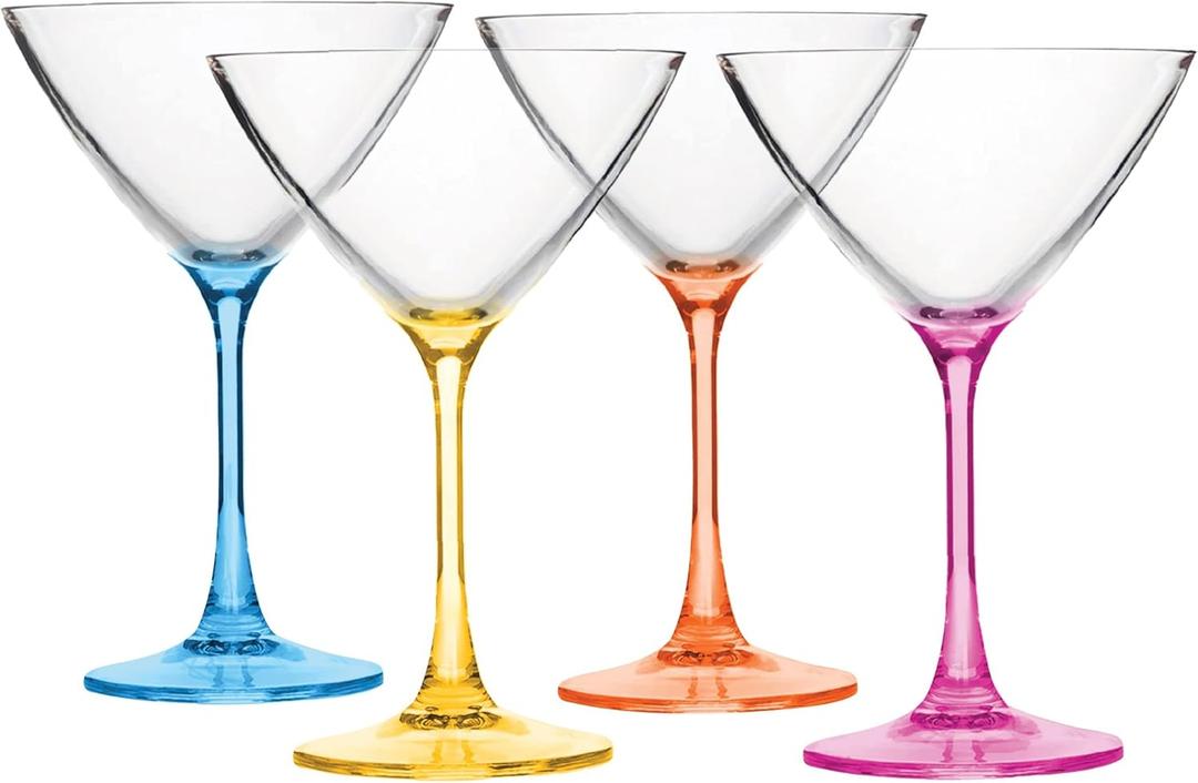 Lily's Home Unbreakable Plastic Martini Glasses with Colored Stem. Made of Shatterproof Polycarbonate Plastic and Ideal for Indoor and Outdoor Use, Reusable (9 oz. Each, Set of 4)