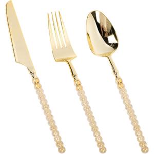 150PCS Gold Plastic Silverware, Heavy Duty Utensils, Disposable Plastic Cutlery Silverware Include 50 Forks, 50 Knives, 50 Spoons for Party and Wedding, Shiny Bead