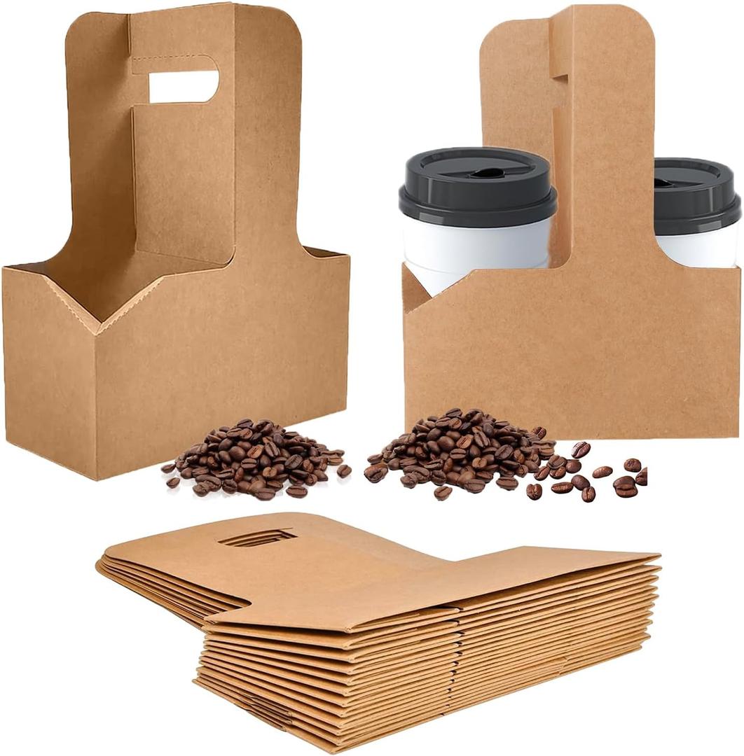 2 x 2 Cup Kraft Drink Carrier with Handles,20 Pack Portable Foldable Drink Carrier for Delivery,Cup Carriers for Hot or Cold Drinks,Coffee Carrier, Food Delivery,Take Out Cup Carriers., Brown (6.9L x 3.2W x 8.9H)