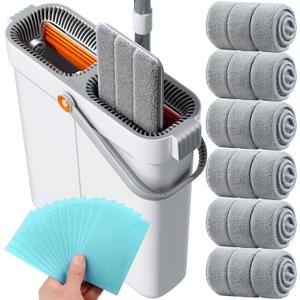 15.7" Flat Mop and Bucket Set with Wringer System | Wet Dry Floor Mop, 6 Reusable Microfiber Pads for Home, Tiny Home, Safe for Hardwood, Tile, Wall & Window Cleaning