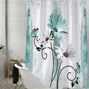 Rustic Farmhouse Happy Campers Shower Curtain, Farm Teal Daisy Floral Flowers Butterfly on Country Wooden Shower Curtain for Bathroom, Turquoise Blue Bathroom RV Camping Shower Curtains, 47X64IN