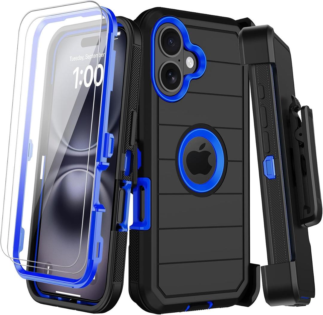 for iPhone 16 Plus Case with Belt Clip Holster,2X Screen Protectors,Heavy Duty Shockproof Drop Protection Military Grade Tri-Layer Rugged Durable Cell Phone Cover with Kickstand 6.7(Black Blue)