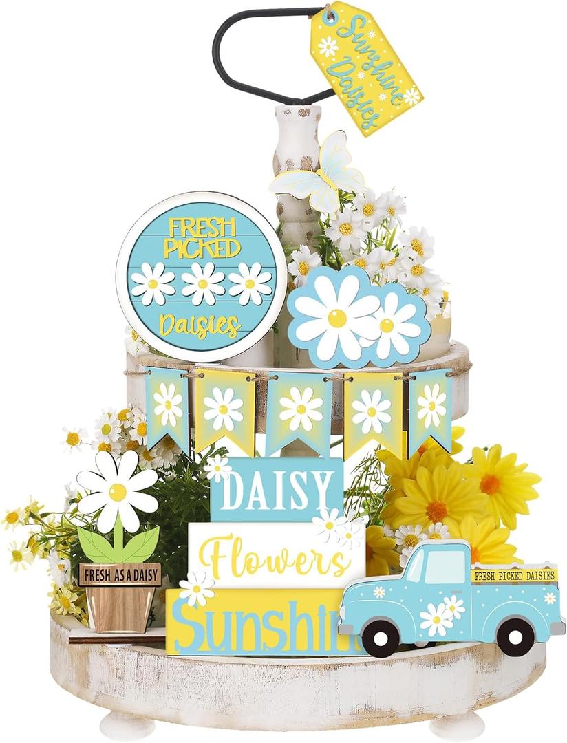 12 Pcs Spring Daisy Tiered Tray Decor Set, Table Block Sign Wooden Daisy Flower Tabletop Decorations Farmhouse Rustic Sunshine Flower Car Decor for Spring Party Home Kitchen
