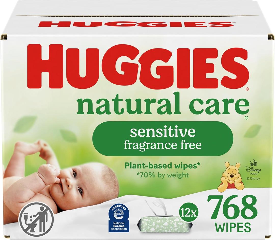 Huggies Natural Care Sensitive Baby Wipes, Unscented, Hypoallergenic, 99% Purified Water, 12 Flip-Top Packs (768 Wipes Total), 
