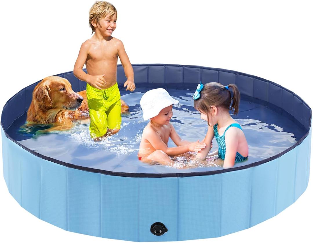 Eooqi Foldable Dog Pool, Portable Pet Bath Tub and Kiddie Swimming Pool, Collapsible Bathtub for Puppies, Small, Medium and Large Dogs, Cats and Kids, 87 x 12 in, Blue