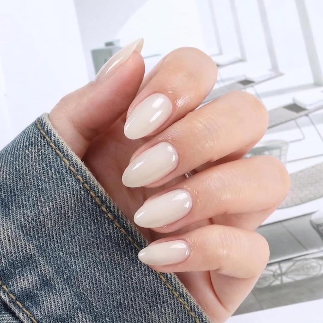 UNA GELLA White Press On Nails: Short Almond Soft Gel Press Ons Short Kit with Nail Glue on Nails, 16 Sizes - 32 Reusable Fake Nails Kit, Sheer Nude