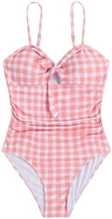 Floerns Girl's Gingham Print Ruched Cut Out Knot Front One Piece Swimsuit, Size: 12Y
