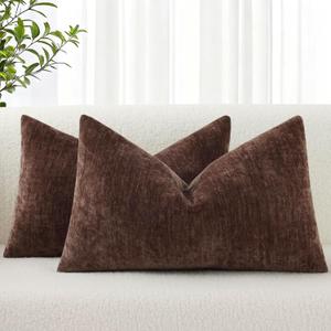 decorUhome Chenille Reddish Brown Throw Pillow Covers 12x20 Inch Set of 2, Decorative Soft Couch Pillow Covers Solid Dyed Accent Farmhouse Neutral Rectangle Pillow Cases for Sofa