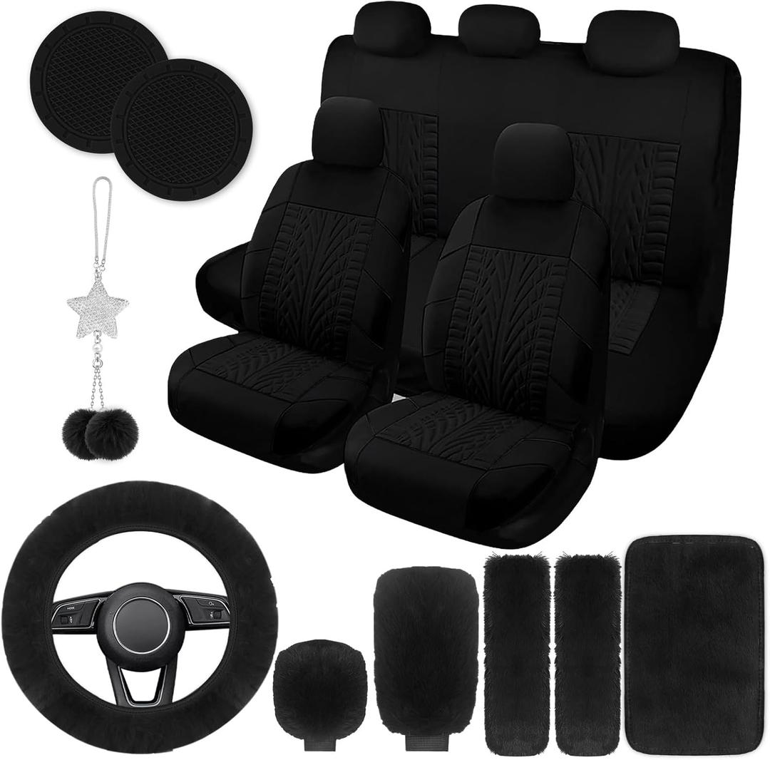 JINGSEN 17 Car Seat Cover Full Set for Women,Universal Car Seat Cover,Plush Steering Wheel Cover,Fluffy Soft Wool Handbrake Gear,Suspension Accessories Full SUV((Patterned Black