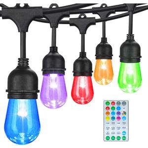 48FT Outdoor Patio Lights Waterproof Dimmable with Remote, RGB Cafe LED String Light with 15 Shatterproof Bulbs for Bistro Party, Patio, Garden, Wedding Decor