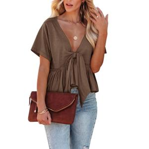 Fanway&EC Women's Short Sleeve V Neck Blouses Ruffle Hem Tie Front Crop Tops Lightweight Basic Summer Tops, XL