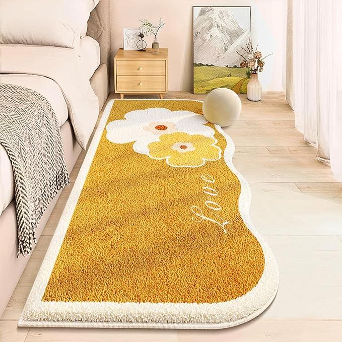AIMECO Soft Flower Bedside Rugs for Girls Bedroom,Kid & Pet Friendly 2X6 Ft Washable Non Slip Carpet,Floral Print Mat, Fluffy Shag Throw Area Rug for Kitchen, Laundry, Cute Daisy Yellow