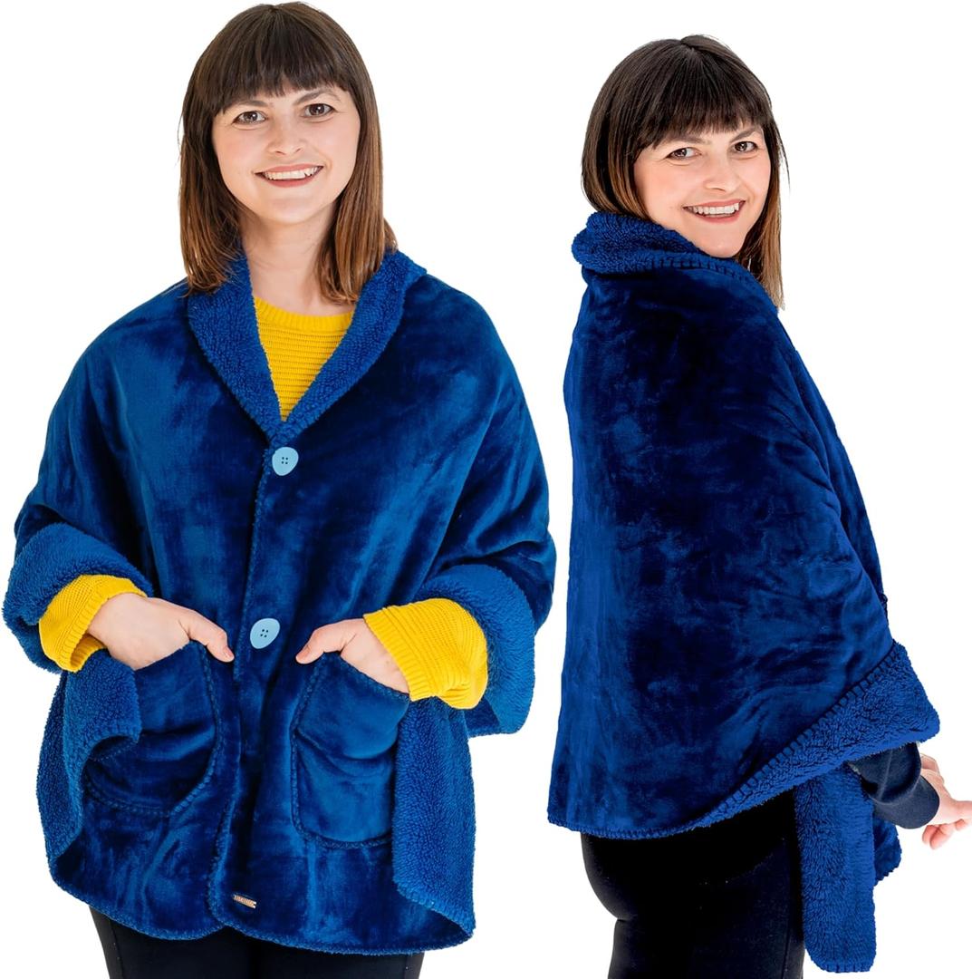 EzrAllora Premium Double Layer Poncho Blanket for Women -Drape and Go No Sleeves- Sherpa Fleece Shawl with Pockets - Wearable Blanket - Gifts for Her Mom and Grandma (Blue)