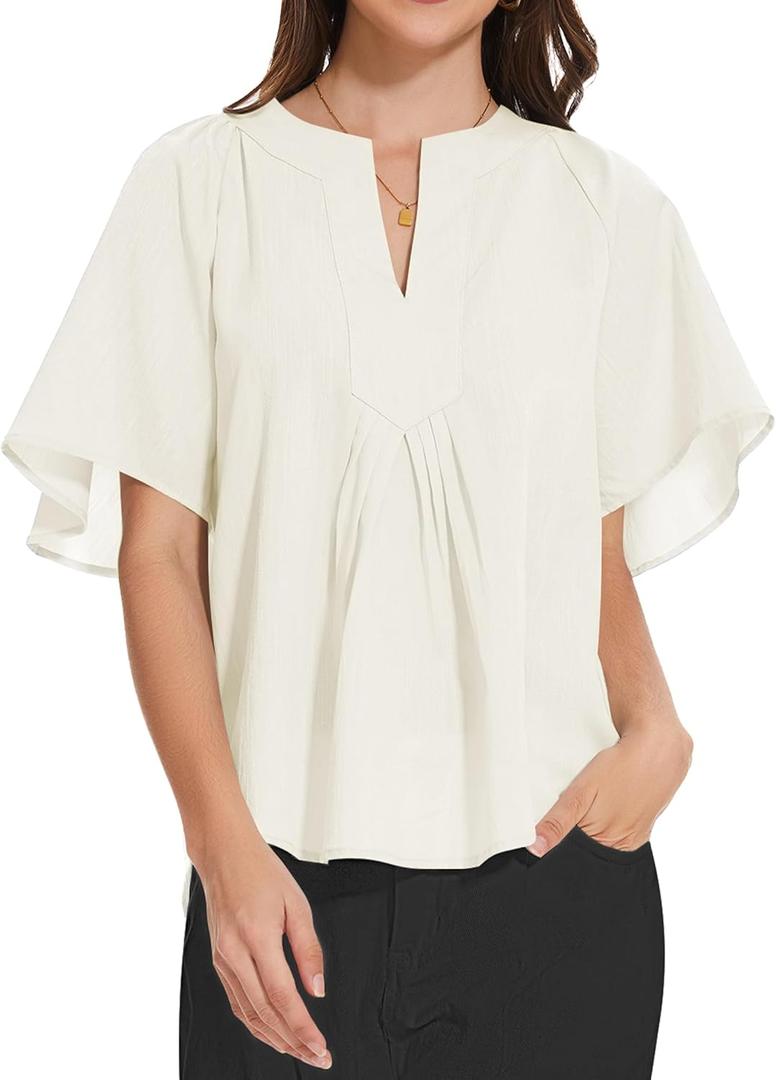 2 x LOZ Womens Dressy Casual Summer Tops Ruffle Short Sleeve Shirts Pleated Crew Neck Workout Blouses 2025 (Small, Off-white)
