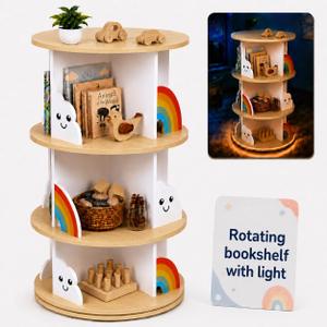 Pimlyo Rotating Bookshelf Kids with Removable Light, Spinning Book Shelf for Kids Rooms for Toddler Kid Room Storage, Small Wooden Round White Tower Bookcase for Nursery Bedroom Playroom Rooms