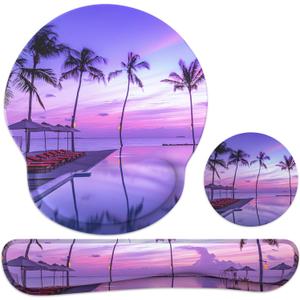Ergonomic Mouse Pad with Wrist Rest and Keyboard Wrist Rest, Mousepad and Keyboard Pad, Non-Slip Rubber Base, Pain Relief, Mouse Pad Wrist Support for Gaming, Computer, Office, Home, Purple Beach