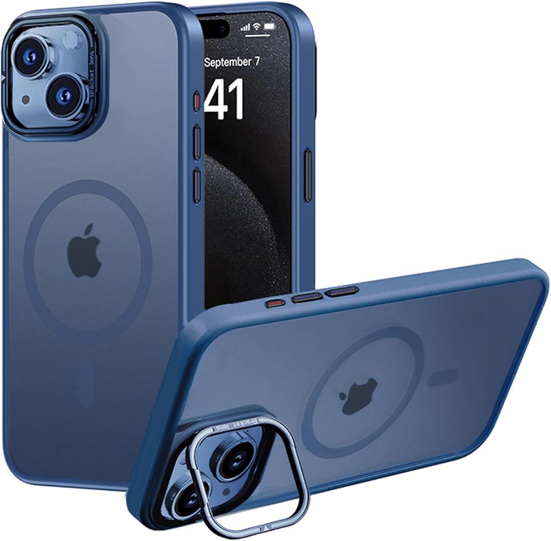 Designed for iPhone 15 Case, Compatible with Mag-Safe, Frosted Translucent Slim Case with Built-in Aluminum Alloy Lens Bracket, Military-Grade Drop Protection with Airbag Corners, Blue