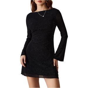 MakeMeChic Women's Leopard Print Dress Y2k Backless Mesh Bell Sleeve Mini Cheetah Print Dress (Medium)