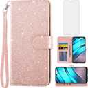 Asuwish Phone Case for Tracfone BLU View 4 B135DL with Tempered Glass Screen Protector and Cell Accessories Card Holder Slot Kickstand Flip Glitter Wallet Blue View 2 2023 View4 135DL Women Men Pink