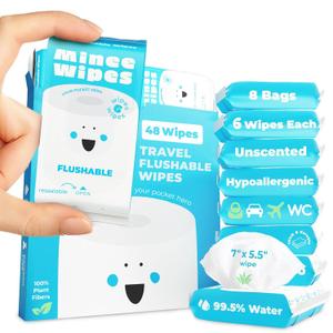 Impossibly Compact Travel Flushable Wipes - 99.5% Water and Aloe - Safe for Sensitive Skin & Hypoallergenic - Travel Essentials for Adults, Kids & Babycare, Unscented, 8 Pack 48 Wipes