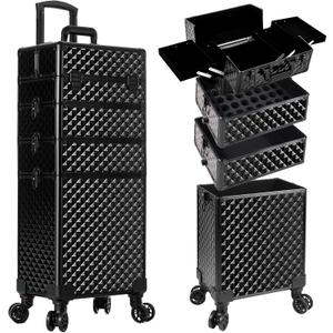 AROUS Rolling Makeup Train Case 4 in 1 Cosmetology Case on Wheels Large Storage Cosmetic Trolley with Key Salon Barber Case Traveling Cart Trunk, Black