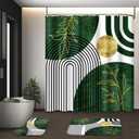 Olive Green and Gold Boho Mid Century Shower Curtain Set with Toilet Lid Cover and Non-Slip Rugs, Abstract Geometric 4 Pcs Modern Minimalist Shower Curtain for Bathroom Set with 12 Hooks