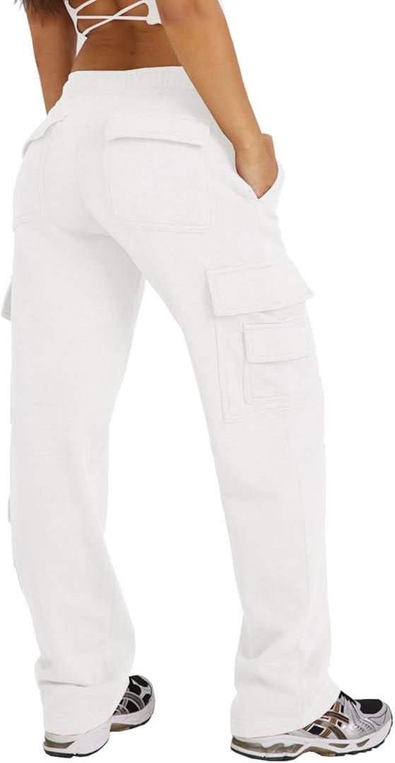 Waitfairy Wide Leg Sweatpants Women Cargo Pants Fleeece High Waisted Baggy Sweatpants for Women Casual Pants with 8 Pockets (White, L)