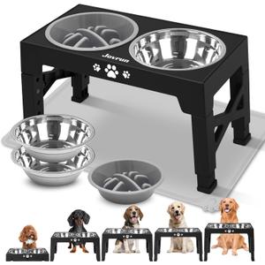 Elevated Dog Bowls, Dog Feeder with 2 Stainless Steel Dishes &1 Slow Feeder Bowl, 5 Heights Adjustable Raised Stand for Medium Large, Food Dishes with Non-Slip Feet (For Medium Large dogs with Mat, Black)