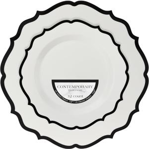 PLASTICPRO 32 Pack Elegant Disposable Plastic Plates Combo Set Includes 16 Dinner Plates and 16 Salad Plate Heavy Duty Fancy Party Plates White & Black Contemporary Design