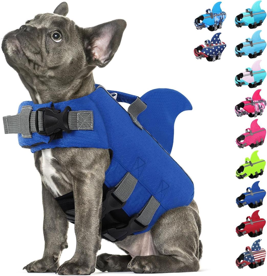 Dog Life Jacket Shark Life Vest for Dogs, Adjustable Swimming Vest with High Buoyancy, Safety Lifesaver with Rescue Handle for French Bulldog  Medium Breeds, Dark Blue M