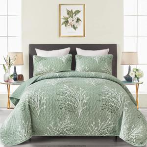 Sage Green Quilt Set King Size - Branch Botanical Pattern Bedspread Coverlet Set, 3 Piece Green Floral Quilt Bedding Set for All Season, 104''x90''