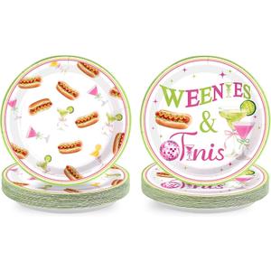 50Pcs Weenies and Tinis Party Supplies 9" Large Bachelorette Martini Theme Paper Plates Disposable Green Pink Platter for Hot Dog Bar Bachelorette Party Birthday Dinner Kitchen Party Favors