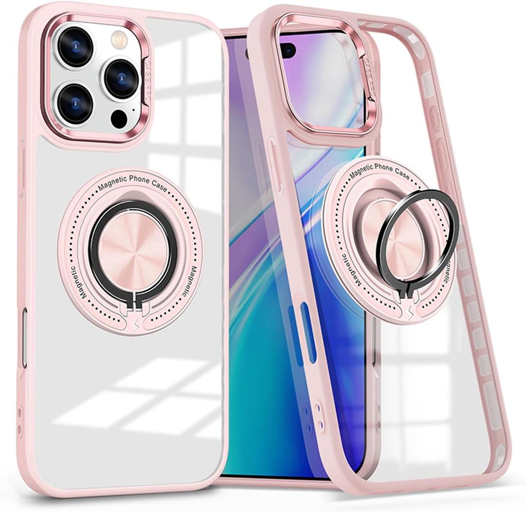 for iPhone 16 Pro Case with Glass Screen Protector + Case Clear [Compatible with MagSafe] with Metal Stand Ring Phone Cover iPhone16Pro Case Transparent (iPhone 16 Pro, Pink)