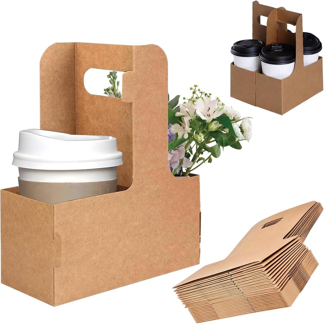 50PCS 2 Cup Disposable Drink Carrier with Handle, Floral Wrap Packing Gift Box, Portable Take Out Cup Carriers for Delivery Coffee Beverage, Kraft Paperboard Cup Holder for Hot or Cold Drinks
